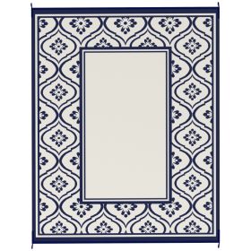 Reversible Outdoor Rug, Waterproof Plastic Straw With Carry Bag, 8 X 10, Blue & White Gourd Border